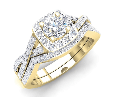 14K Round Cubic ZC Halo Set Shank Ring 