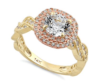 14K Two Tone Gold Round Clear CZ Ring