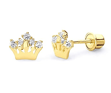 14k Yellow Gold Crown Stud Earrings with Children Screw Back
