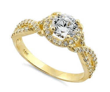 14K Yellow Gold 2 Twist Round Halo Engagement Clear CZ Ring 