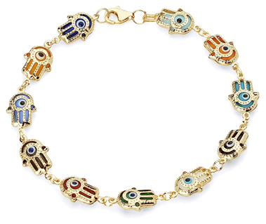 14k Yellow Gold Hamsa Multi Color Evil Eye Bracelet 7.5 inch